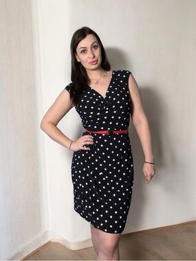 Ralph Lauren Black Polka Dot Wrap Dress Size 6 Flattering Ruched